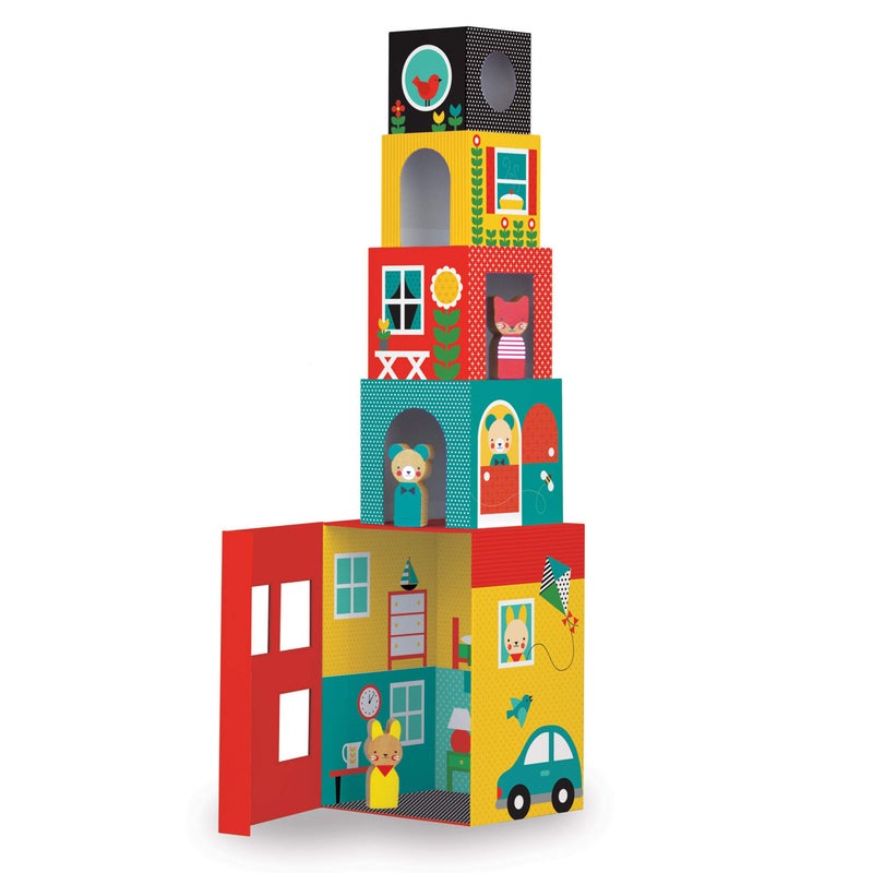 Petit Collage Peek-A-Boo Nesting and Stacking Blocks Playset, Includes 4 Stacking Boxes and 3 Wooden Characters â€“ Easy Storage and Cute Illustrations â€“ Makes a Great Gift Idea - Image 1